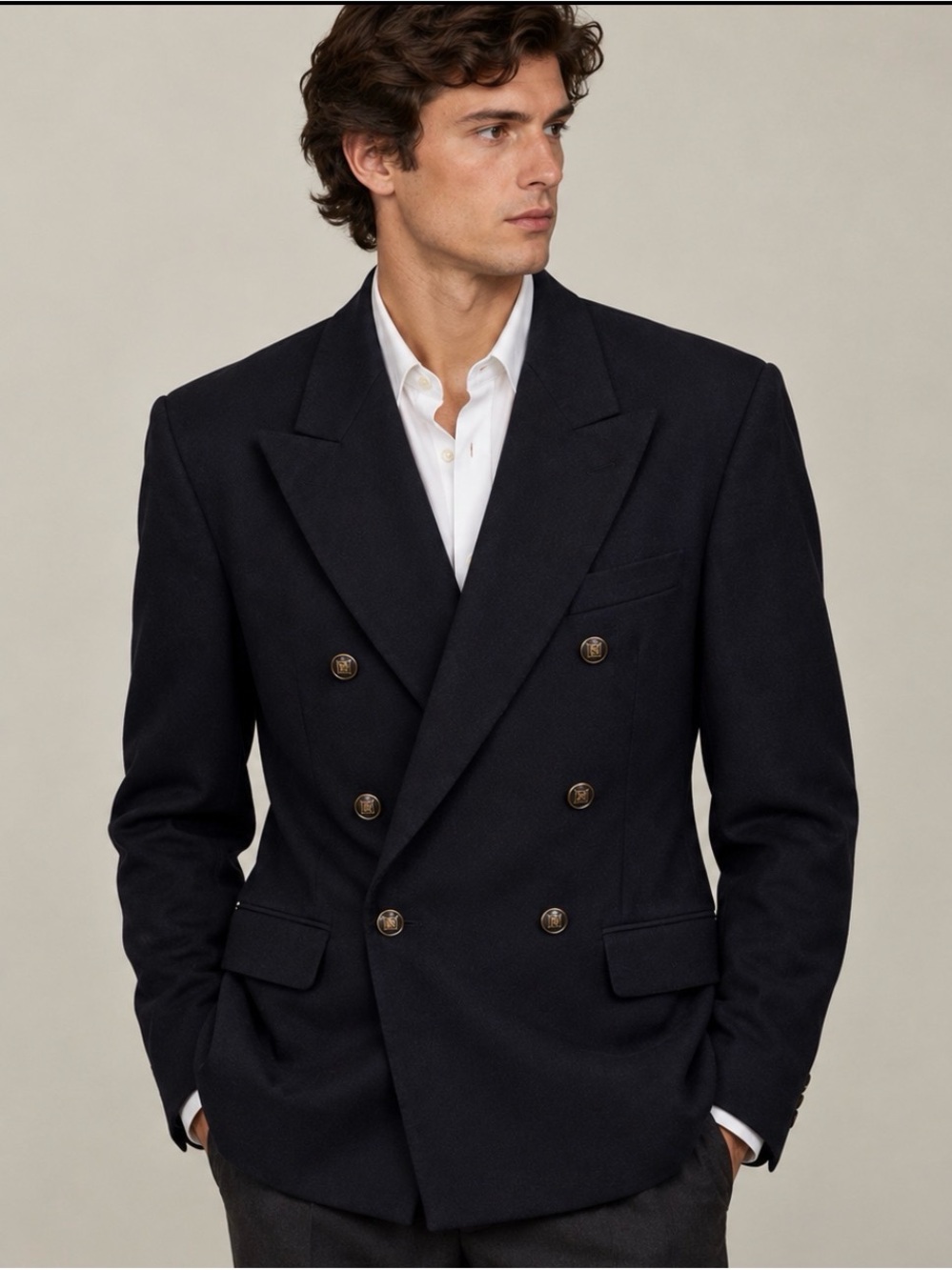 VTG Corneliani Navy Blue Peak Double Breasted Gold Blazer Jacket Coat Italy 40R